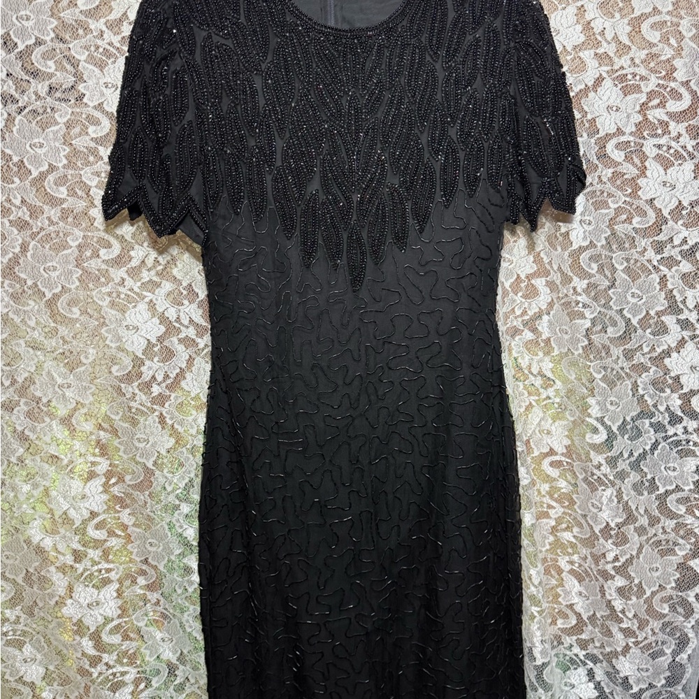Laurence Kazar Black Beaded Mini Dress 80s vintage small